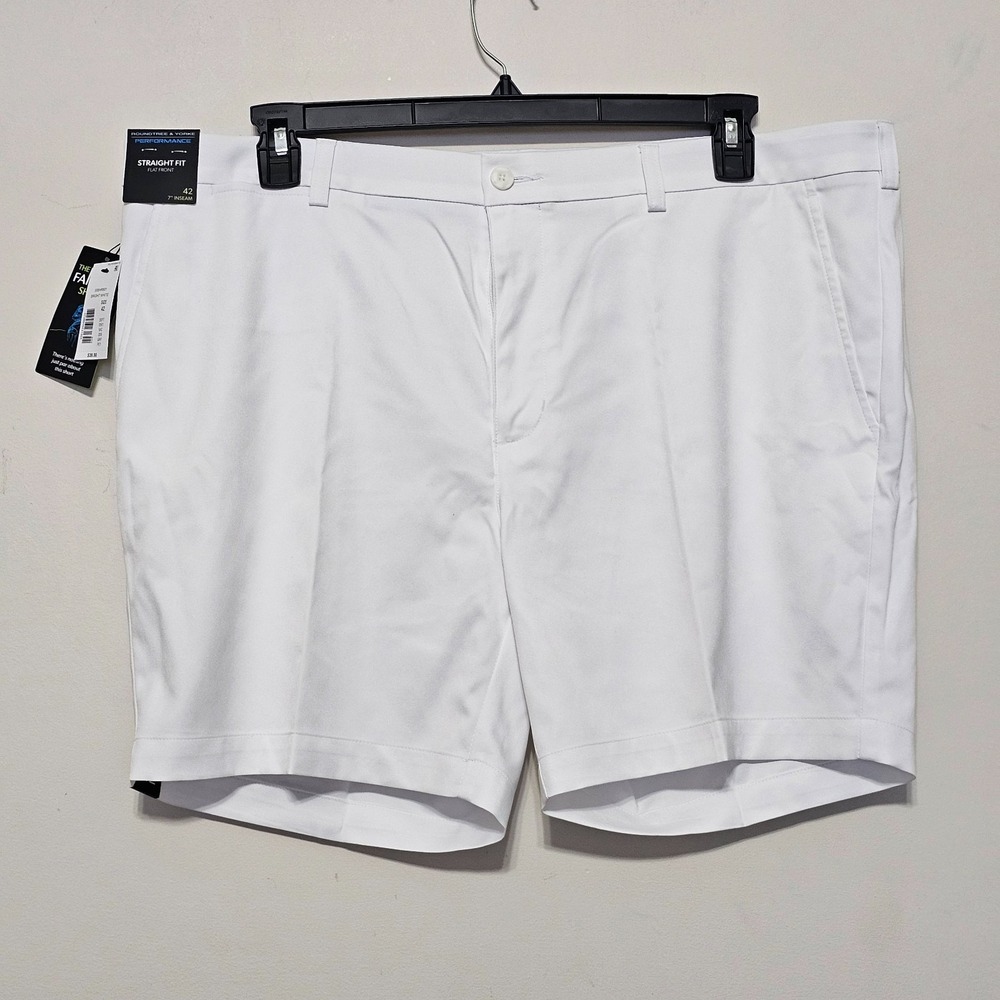 Men Shorts 42X7 White Straight Fit Flat Front Elastic Waistband Performance 1017